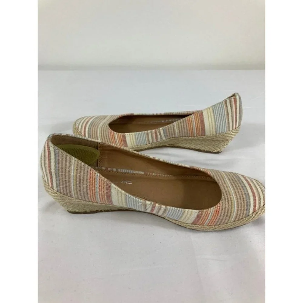 Womens American Eagle Stripe Canvas Espadrille‎ Wedge Tan White Blue W8.5